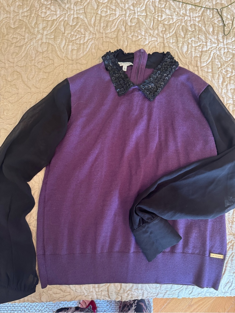 Gianfranco Ferre Purple Sweater with Black Sheer Sleeves & Embellished Collar